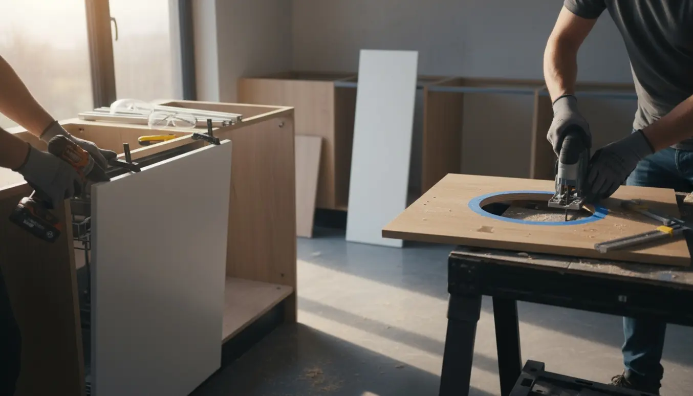 Nærbillede af hænder, der monterer køkkenfronter og tilpasser et vaskeskab i et moderne køkken.