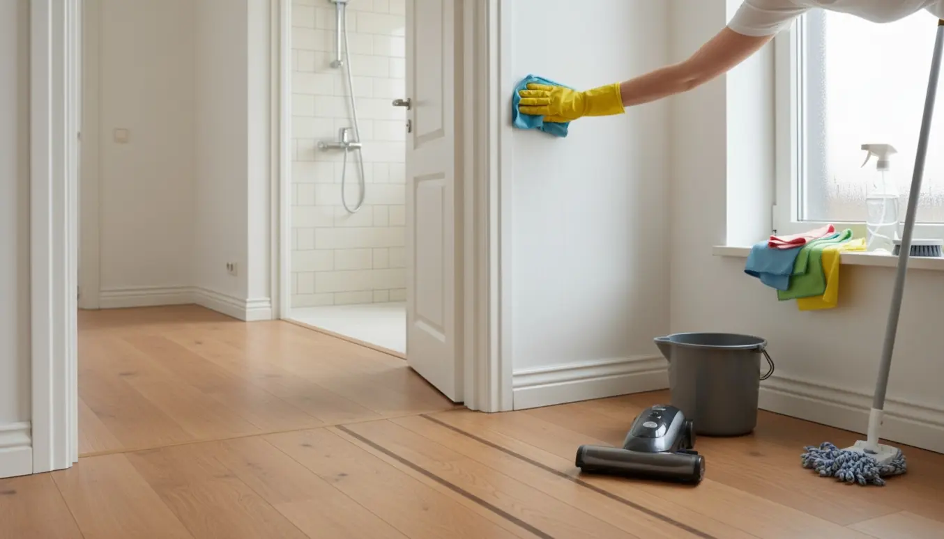 Hænder i gummihandsker tørrer dørkarm i solbelyst lejlighed under grundig hovedrengøring.