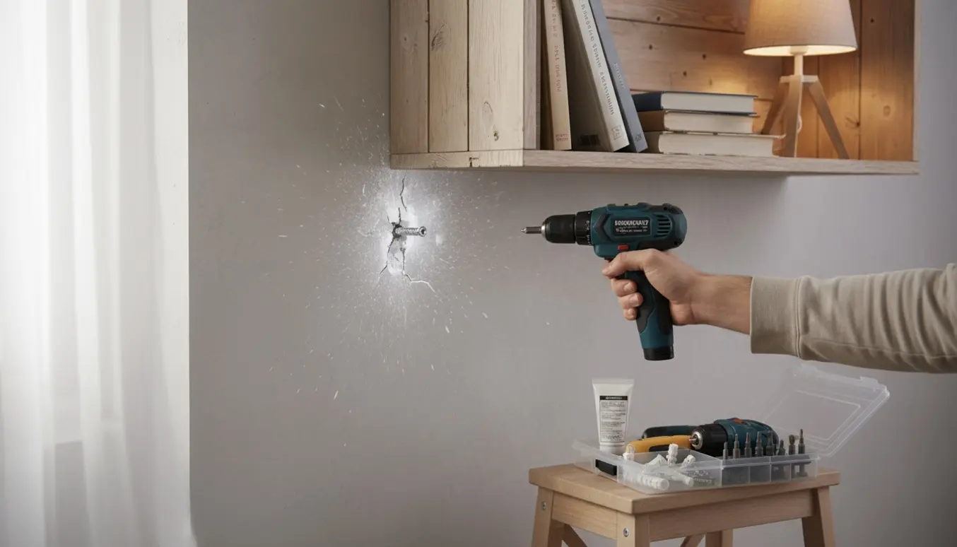 Nærbillede af en hånd, der arbejder med en løs skrue i væggen ved en bogkasse med værktøj og reparationsmaterialer.