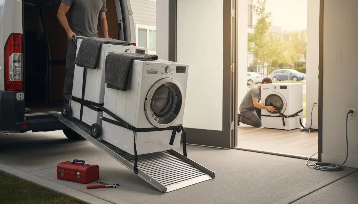 Vaskemaskine og tørretumbler bliver læsset af en flyttevogn og sat på plads ved en lejlighedsindgang.