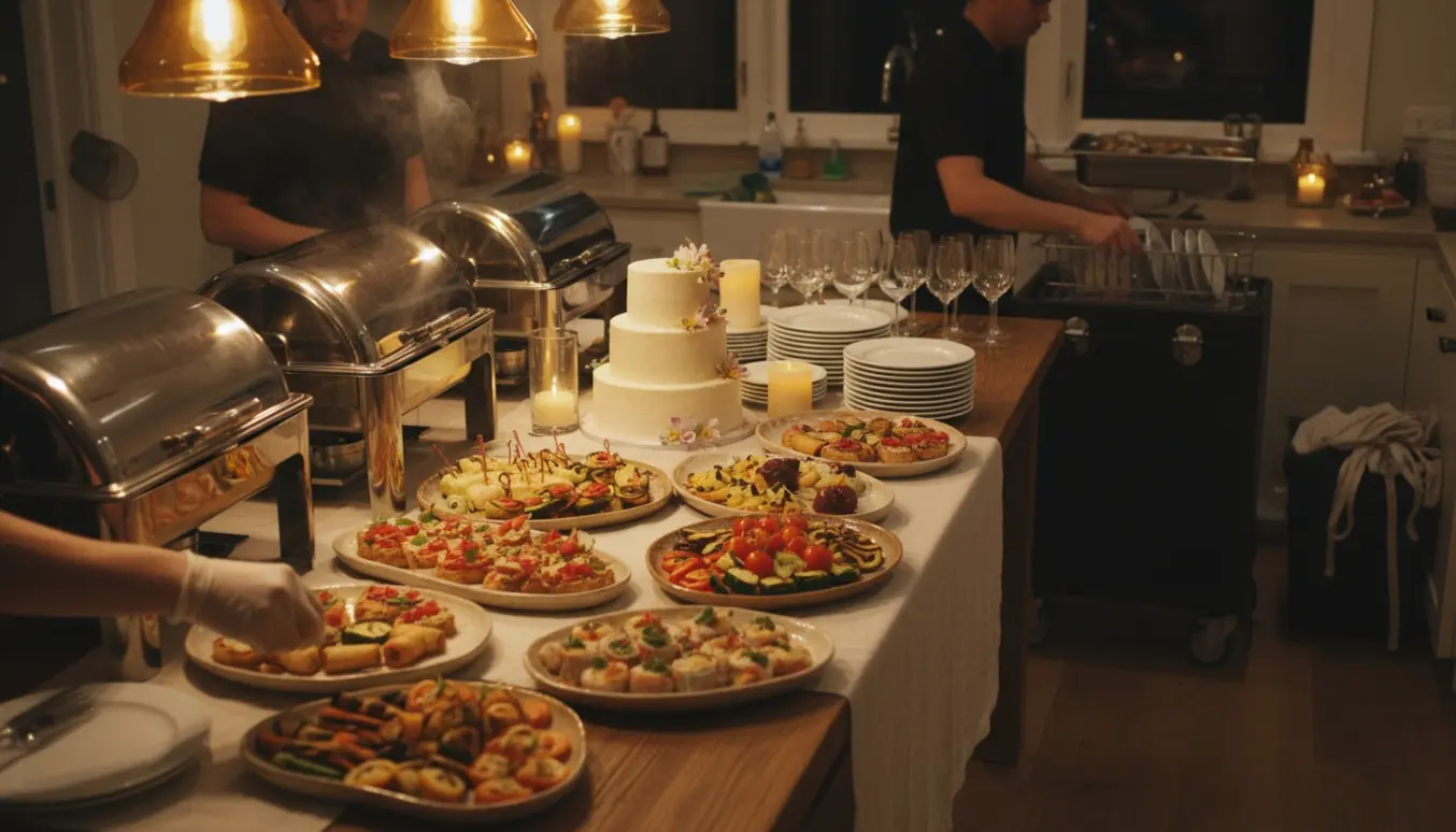 Aftenbillede af hænder, der dækker buffet og rydder op efter en privat fødselsdag med madservering og cateringudstyr.