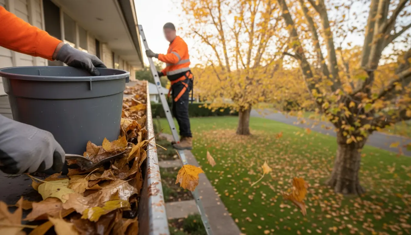 Nærbillede af handsker, der fjerner blade fra en fyldt tagrende med stige og store platantræer i baggrunden.