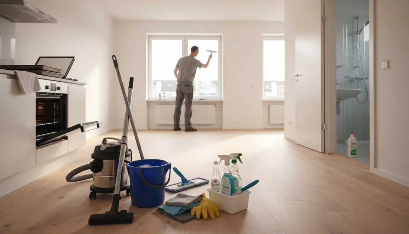 Tom, solfyldt lejlighed med rengøringsudstyr og en renholder set bagfra, der pudser vinduer.