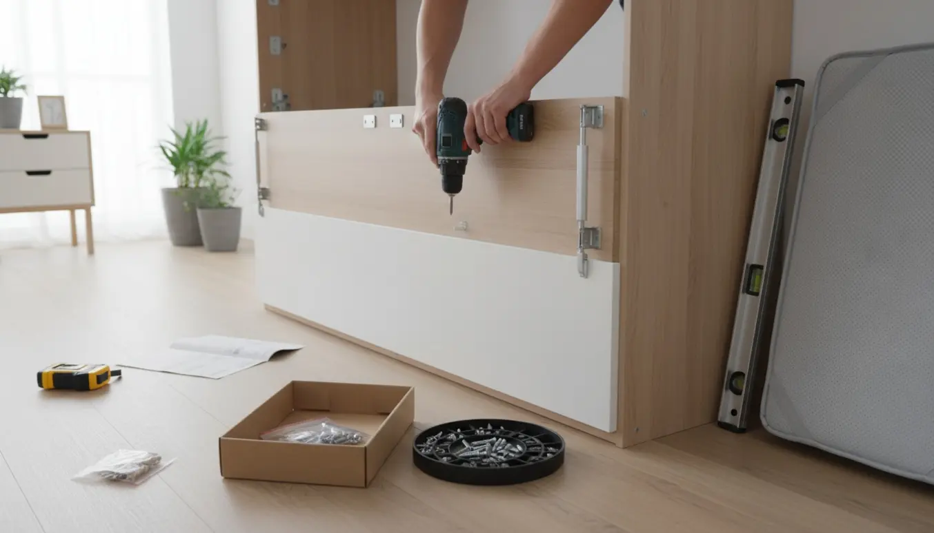 Delvist samlet skabsseng monteres på væggen med hænder, boremaskine og værktøj i forgrunden.