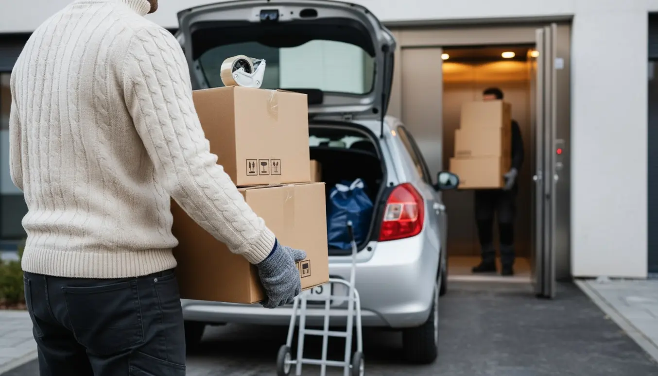 En hjælper bærer kartoner fra en åben biltrunk mod en åben elevator i en boligbygning.