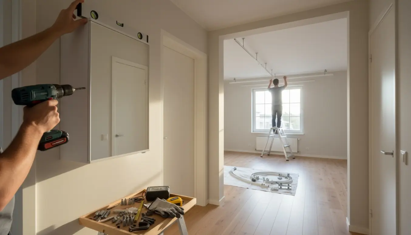 Håndværker på stige hænger et lille spejlskab op i gangen, mens en gardinskinne monteres i stuen i baggrunden.