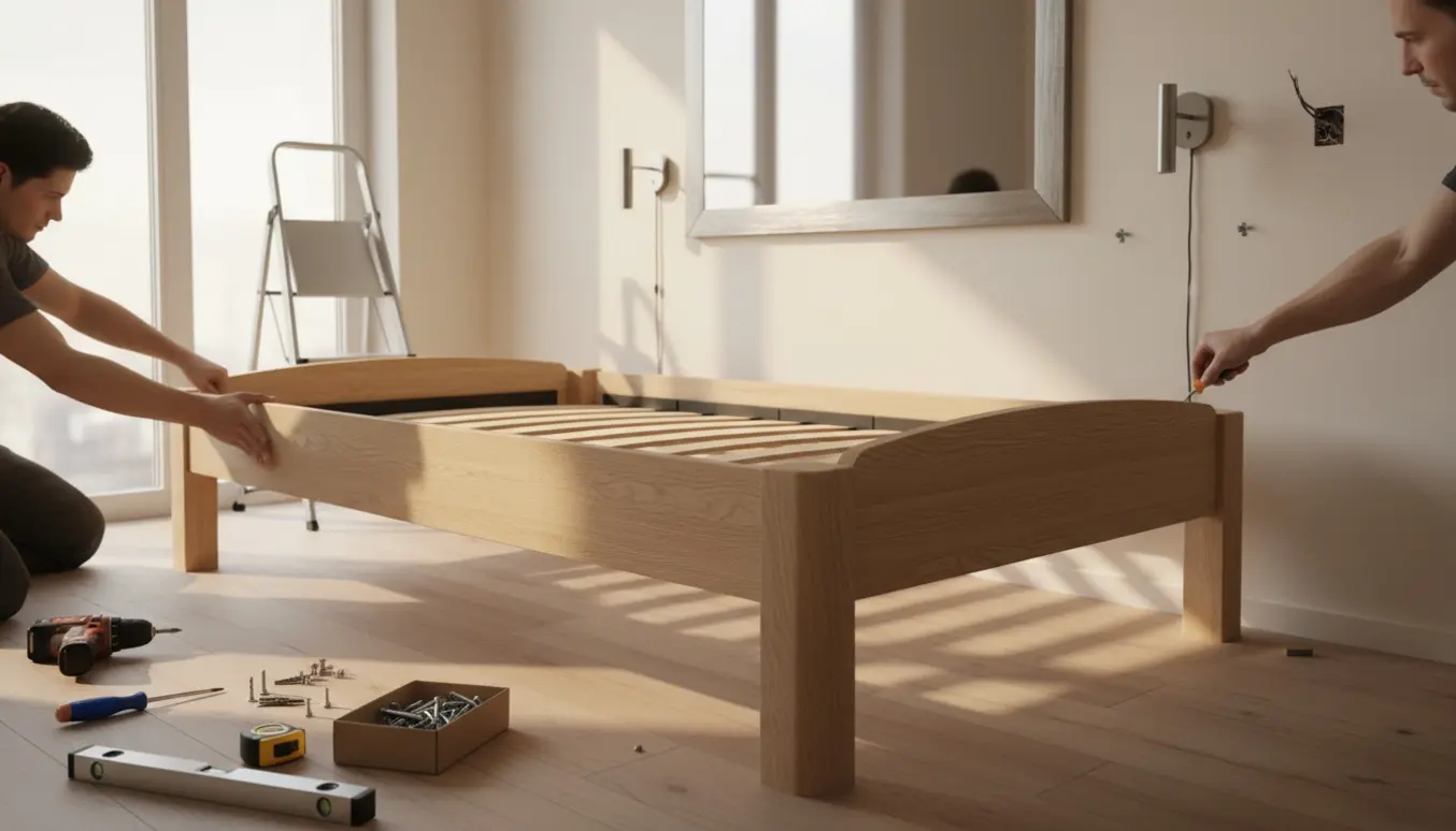 Hænder monterer skinner og lamelbund på en 90x200 seng, mens et spejl og to væglamper sættes op.