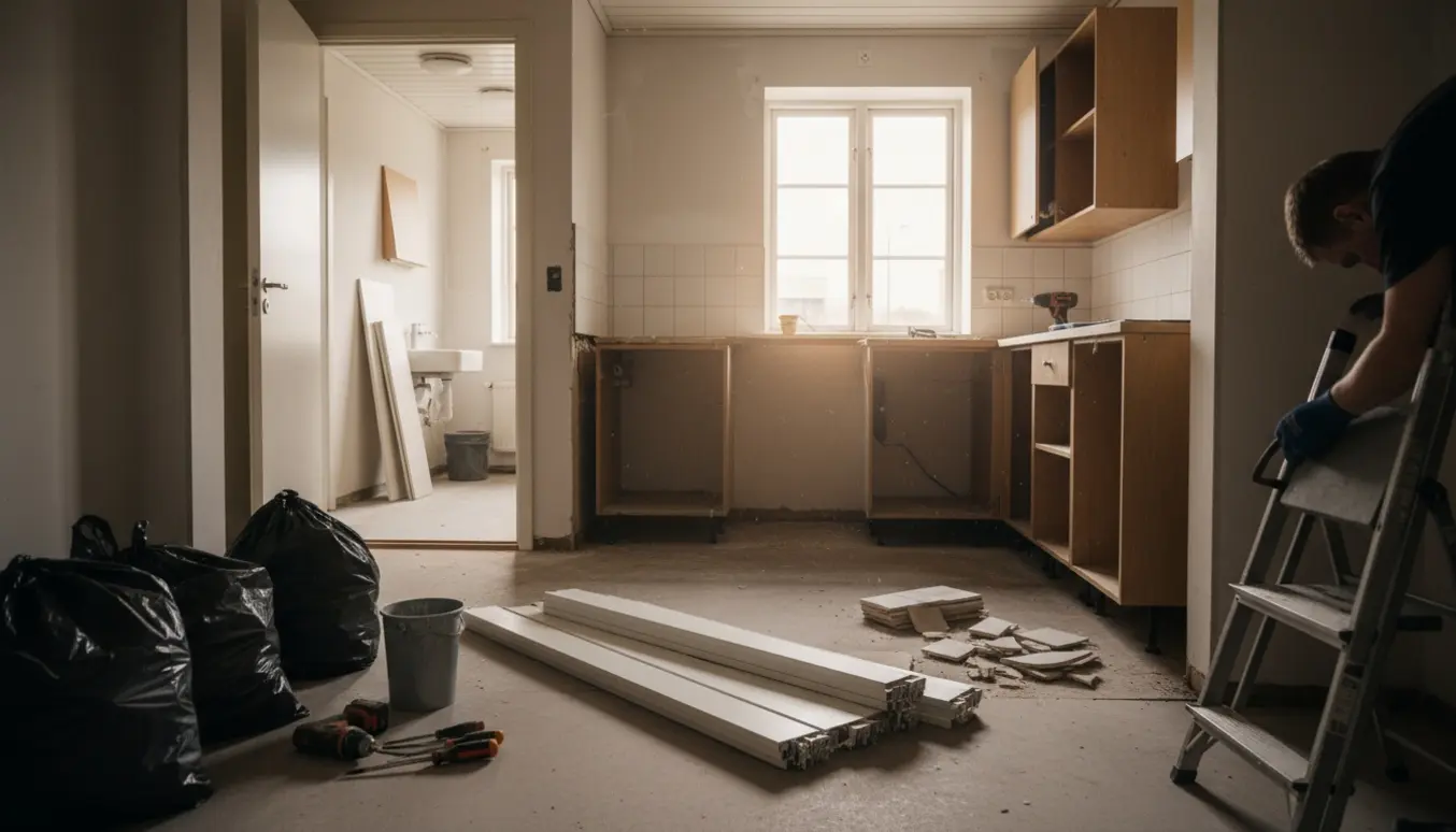 Køkken under nedtagning med afmonterede skabe, fliser og stakke af listelofter klar til bortskaffelse.