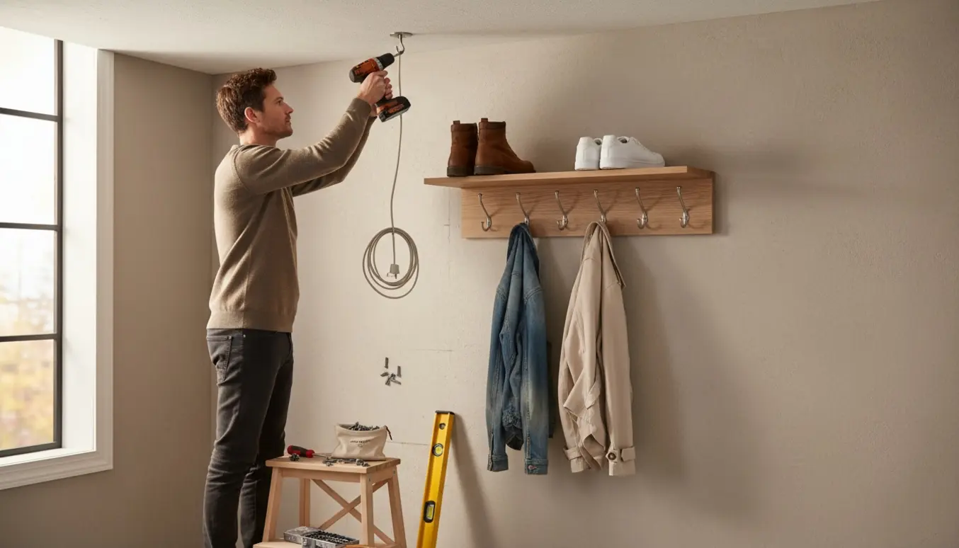 Montering af lille skohylde og 5–6 stålkroge på en entrévæg, mens en loftkrog skrues i med en boremaskine.