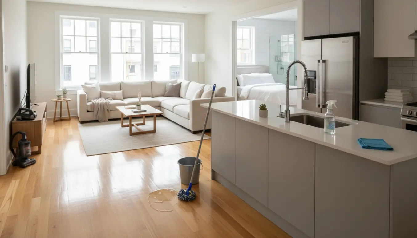 Nyvasket, indrettet stueplan med åbent køkken, skinnende gulve og rengøringsudstyr, klar til fremvisning.