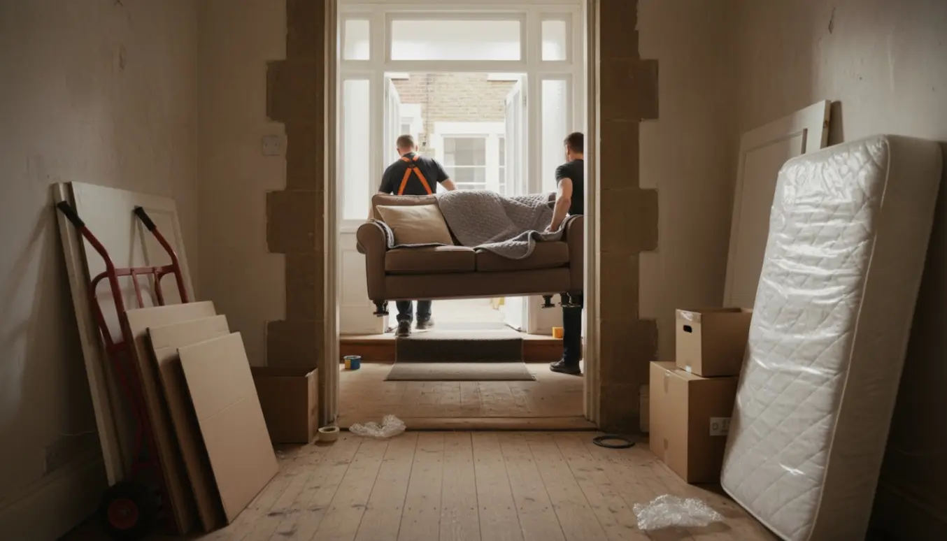 Stor sofa bæres gennem en åben dør mellem to rækkehuse, omgivet af flyttebokse og en tralle.