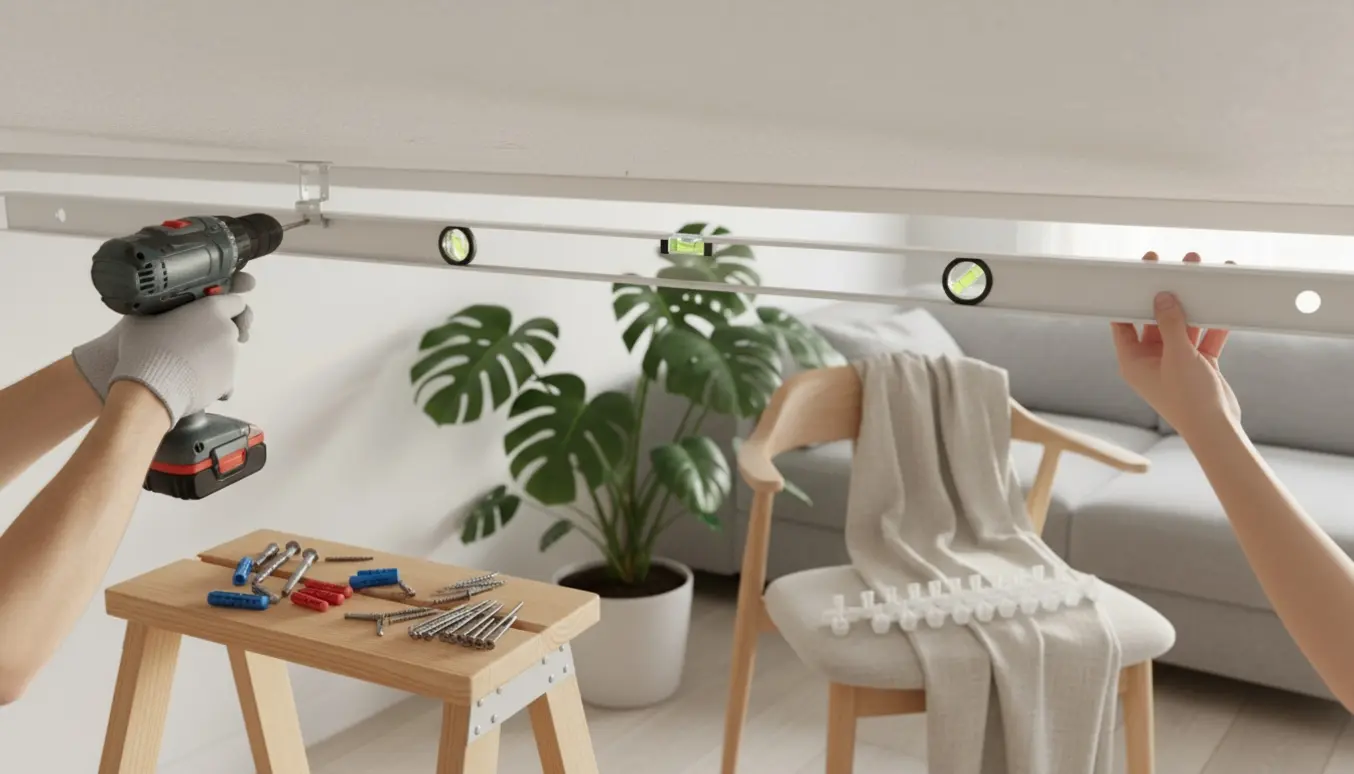 Nærbillede af montering af en to meter lang gardinskinne i loftet med boremaskine, beslag og gardiner klar til ophæng.