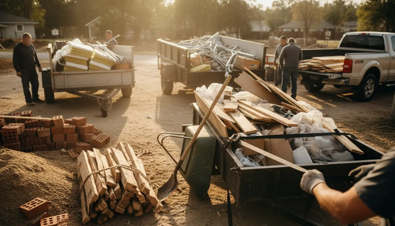 Håndværkere læsser byggeaffald, murbrokker og træ på trailere ved en rydning.