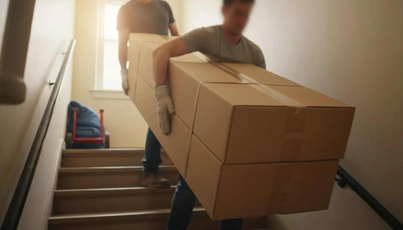 To personer bærer to store flade møbelkasser op ad en smal trappe mod fjerde sal.