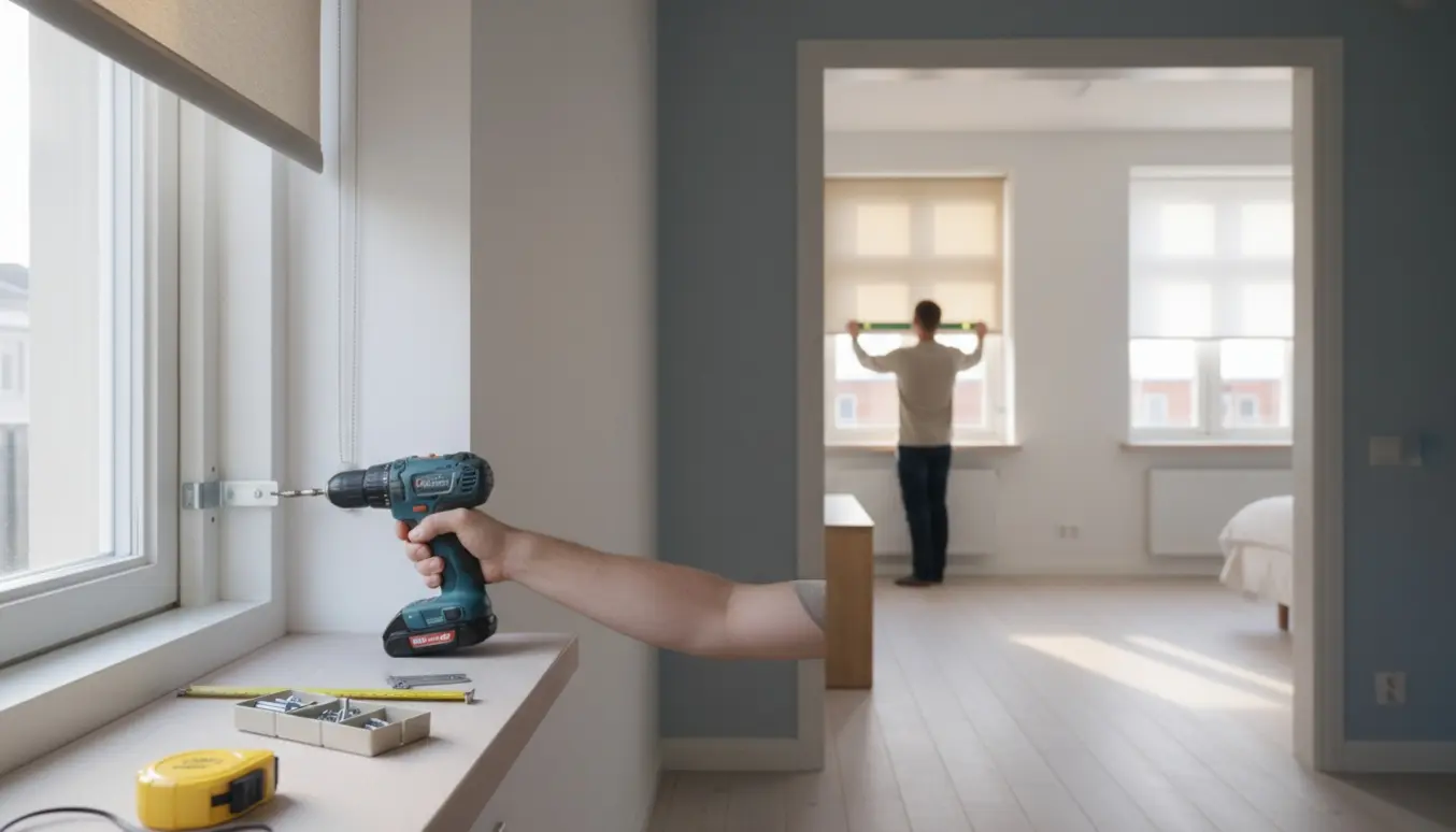 Hænder monterer et rullegardin i et lyst, moderne rum med to andre vinduer med rullegardiner.