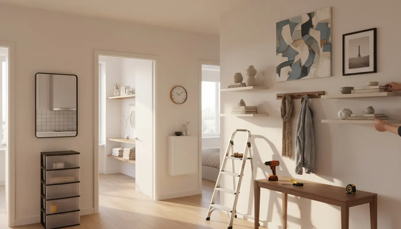 Lyst lejlighedsinteriør med spejl over plastikskuffer, hylder, knagerække og åbne rum med ur og lille vægskab.