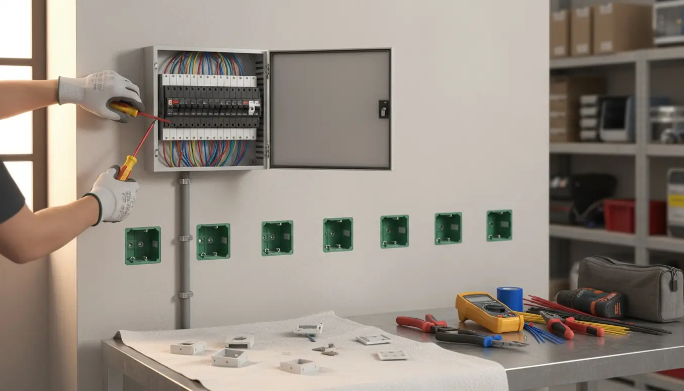 En elektriker monterer syv grønne stikkontaktdåser i væggen og trækker kabler til en åben eltavle i samme rum.