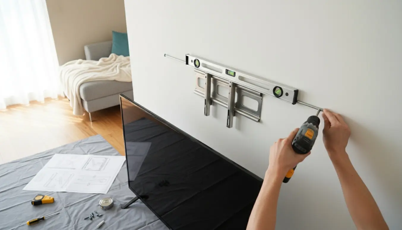 Nyt fladskærms-tv monteres på væg med skruemaskine og vaterpas.