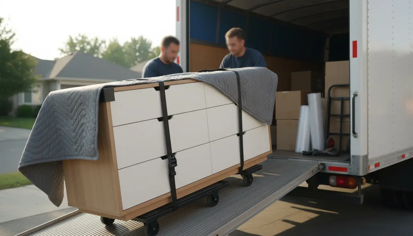 Hvid seks-skuffers kommode pakket i flyttetæpper mens den læsses i en varevogn på en solrig indkørsel.