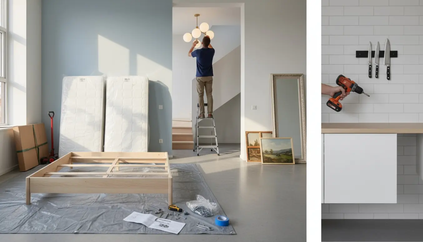 Lejlighed med delvis samlet seng, madrasser, håndværker på stige der monterer loftslamper og toiletskab, spejl og knivskinne i baggrunden.