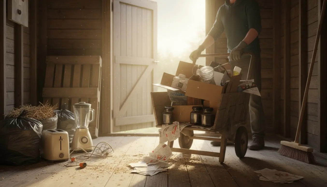Åbent skur med en sammenklappelig trækvogn fyldt med pap, papirsposer, plastikflasker og defekte køkkenmaskiner i varmt dagslys.