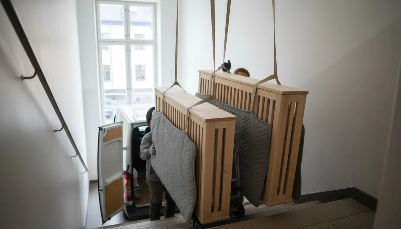 To radiatorskjulere læsses fra en flyttevogn ind i en lys københavnsk opgang.