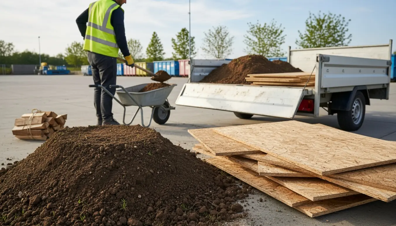 En trailer og skovl fyldt med jord, træ og spånplader ved en genbrugsplads, en person læsser af med ryggen til.