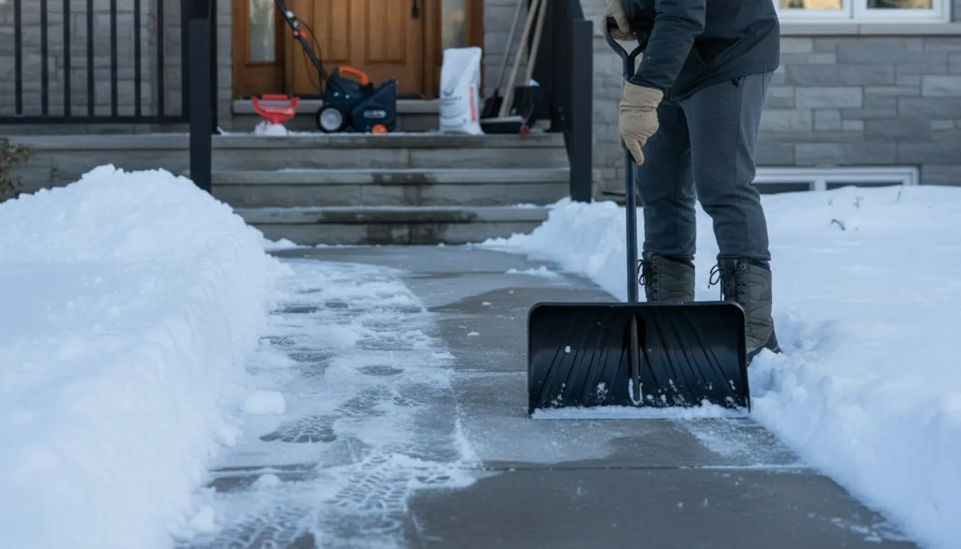 En person skovler sne fra et fortov ved en boligindgang med skovl og andre snerydningsredskaber ved døren.