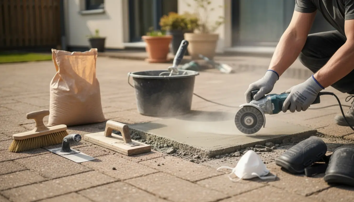 Udendørs reparation af betonterrasse med slibemaskine, frisk spartel og værktøj, uden synlige ansigter.