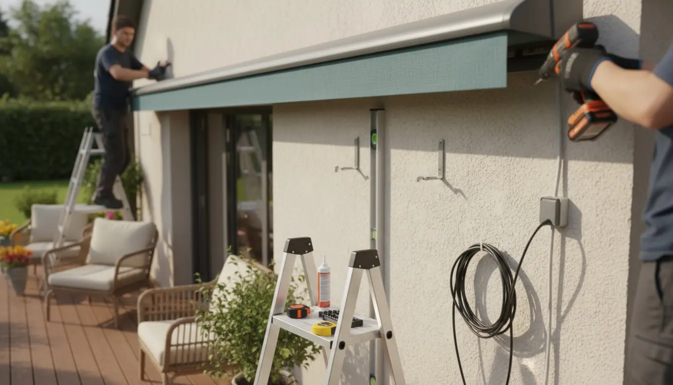 Montører opsætter en elektrisk markise over en terrasse med stige og værktøj.