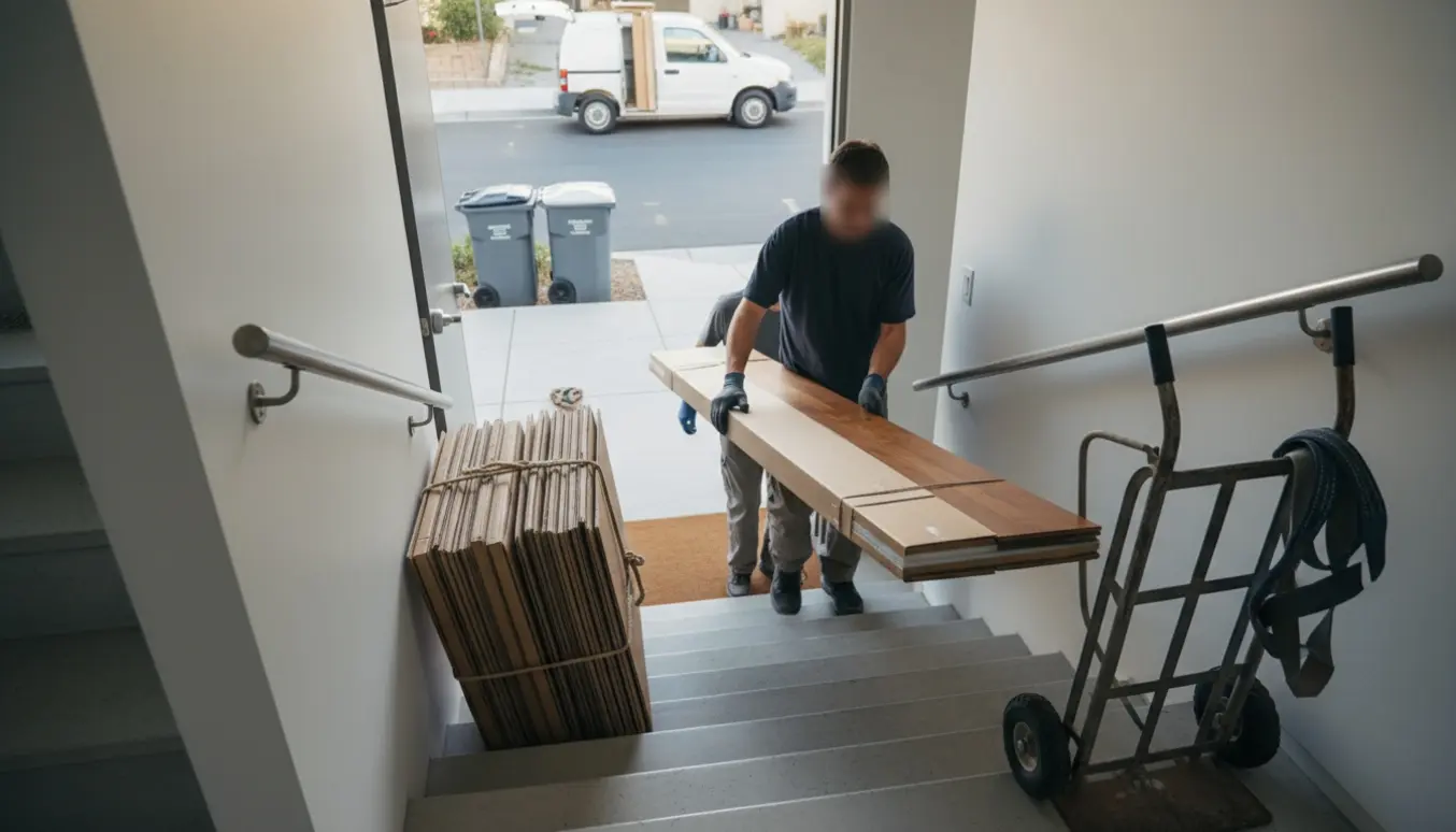 To flyttekasser stablet i en trappeopgang, mens et indpakket bord bæres ned mod en varevogn og genbrugscontainere.