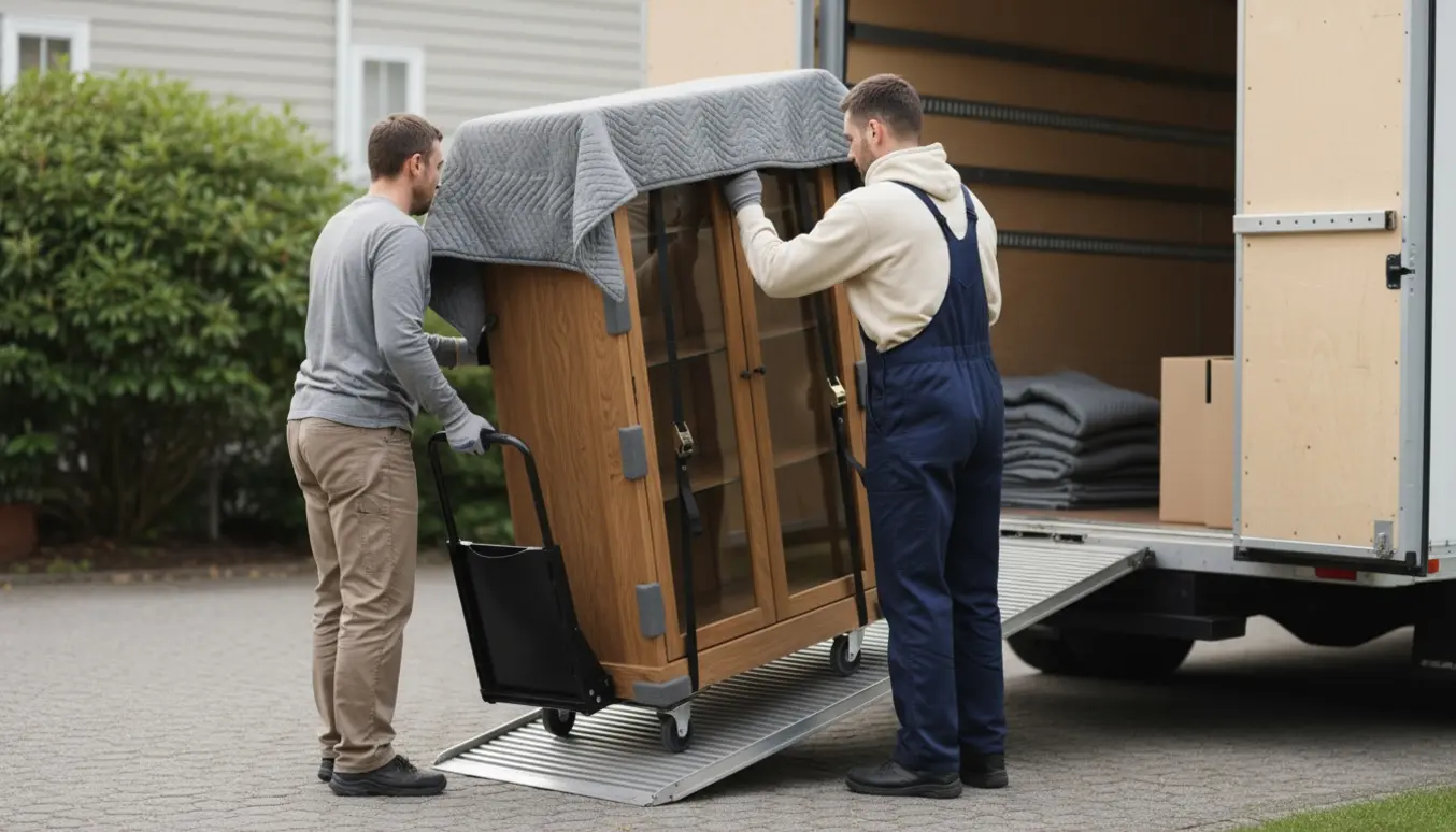 Et vitrineskab læsses forsigtigt ind i en flyttevogn af to personer med tæpper og stropper.