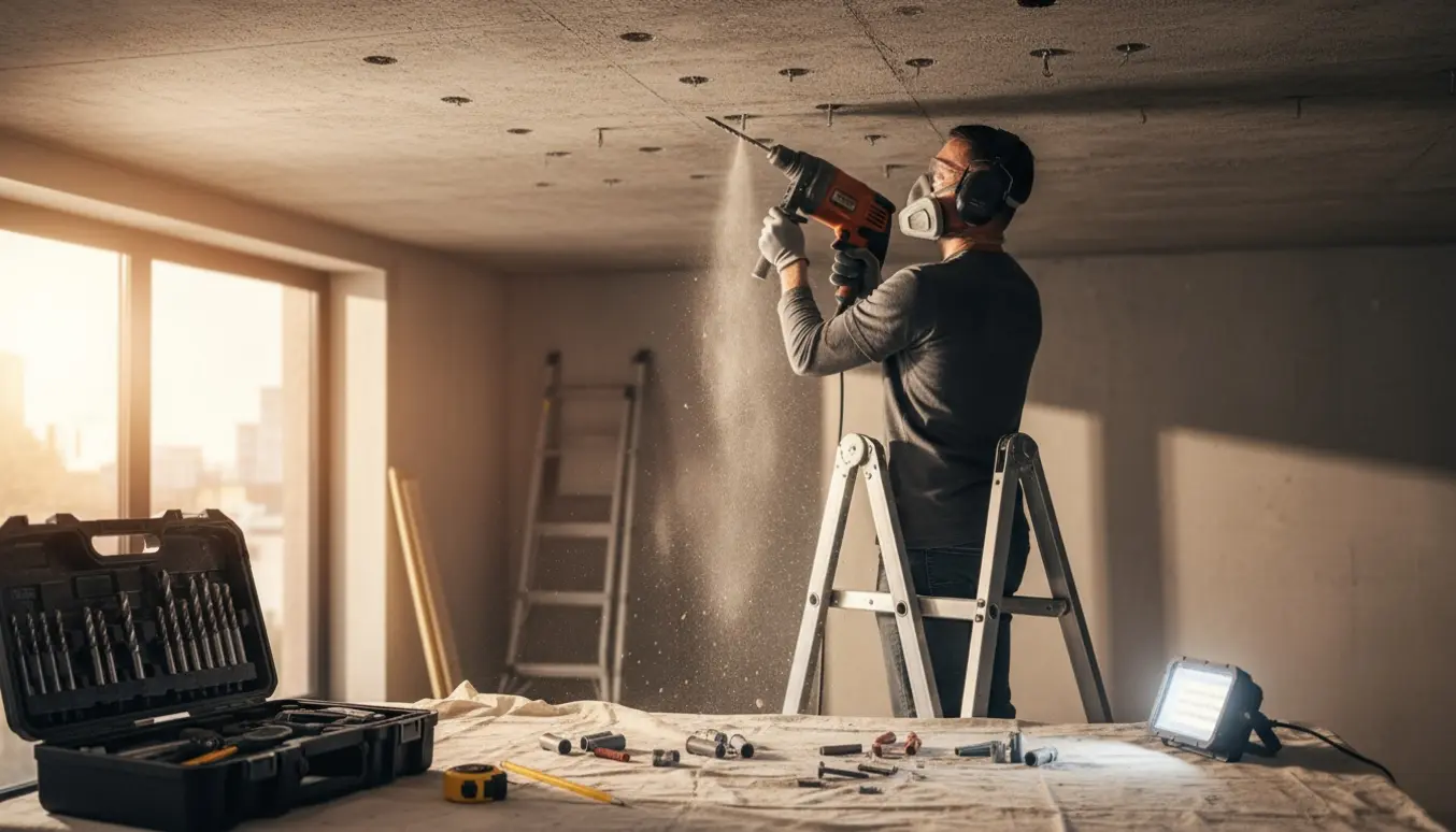 En person borer huller i et betonloft med en slagboremaskine, støv falder ned og værktøj ligger klart.