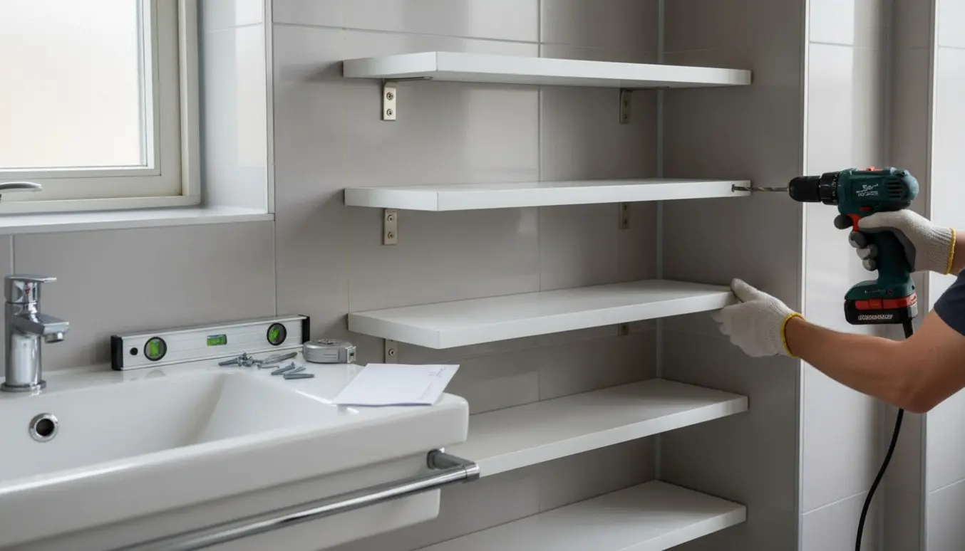 Fem hvide hylder monteres på en flisevæg, mens en person uden synligt ansigt borer i fugerne.