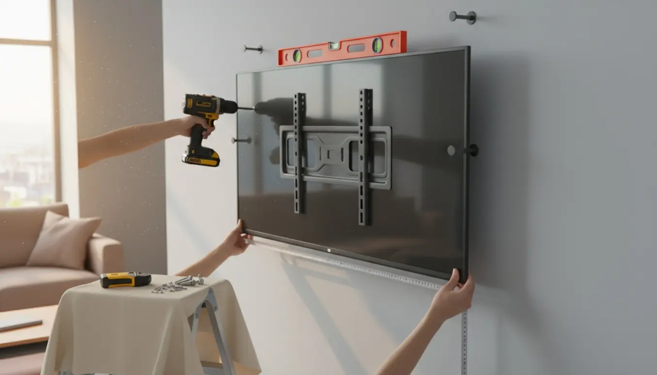 Hænger et 55 tommer fladskærms-tv op på væggen med værktøj og målebånd, håndværkerens hænder synlige men ikke ansigtet.