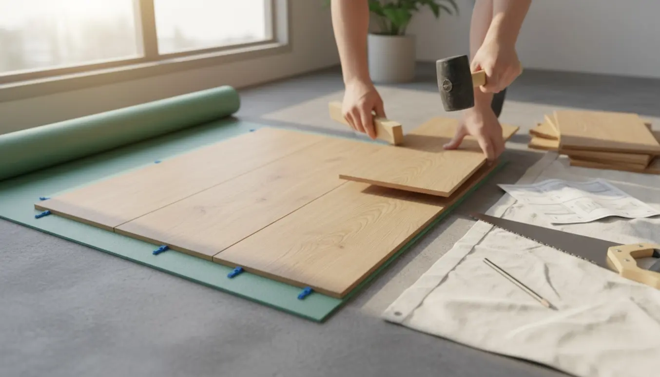 Nærbillede af hænder, der lægger et lille stykke klikgulv med værktøj og planker i baggrunden.