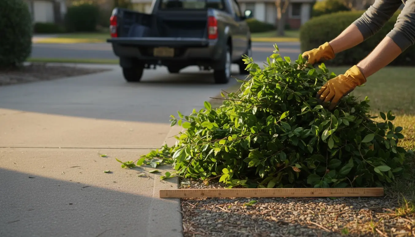 Bunke hækafklip i en indkørsel ved en bagudparket varebil, klar til afhentning med en ustemplet målepind ved siden af.
