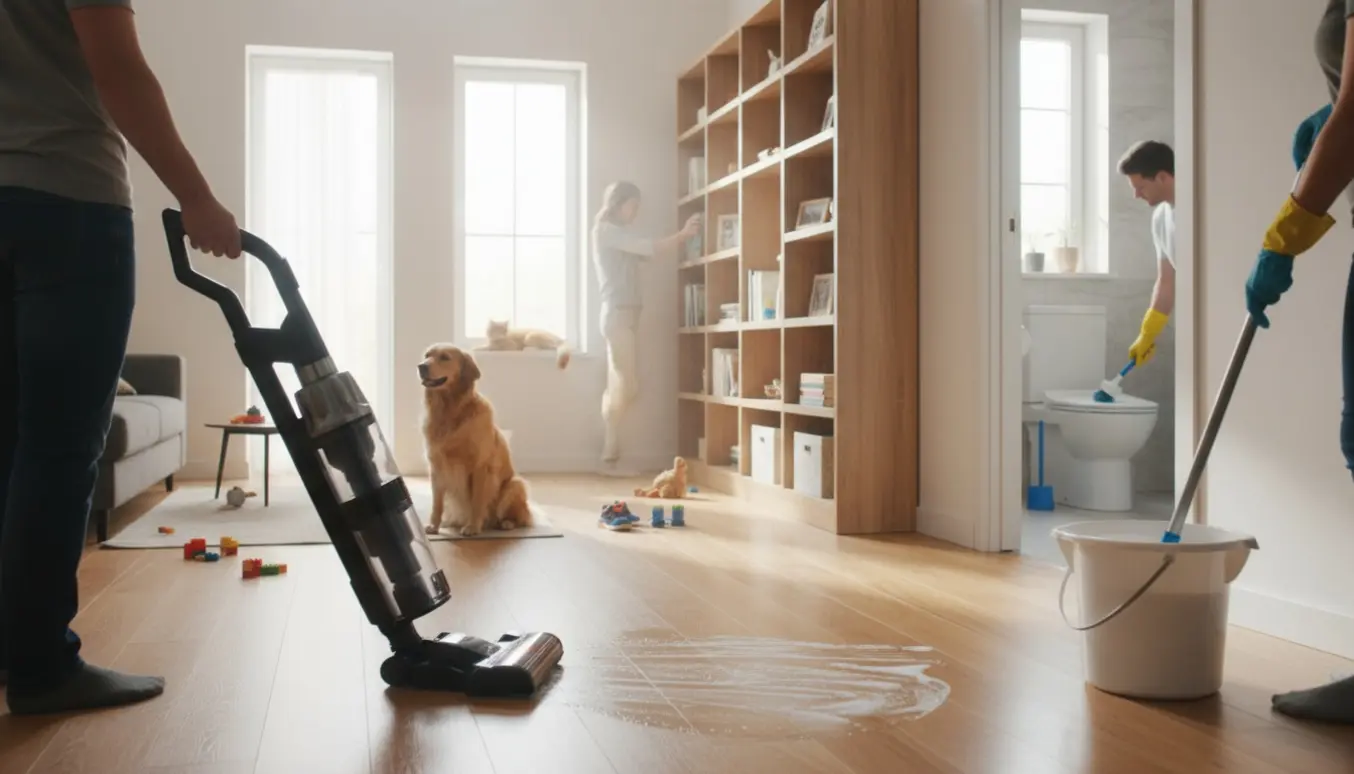 Stort lyst toplans hus under rengøring med støvsugning, gulvvask, aftørring af støv og rengøring af toilet, hund, kat og børnelegetøj i rummet.