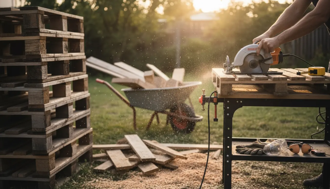 Hænder skærer træpaller med rundsav i et solfyldt værksted, med stabler af paller og træstykker i baggrunden.