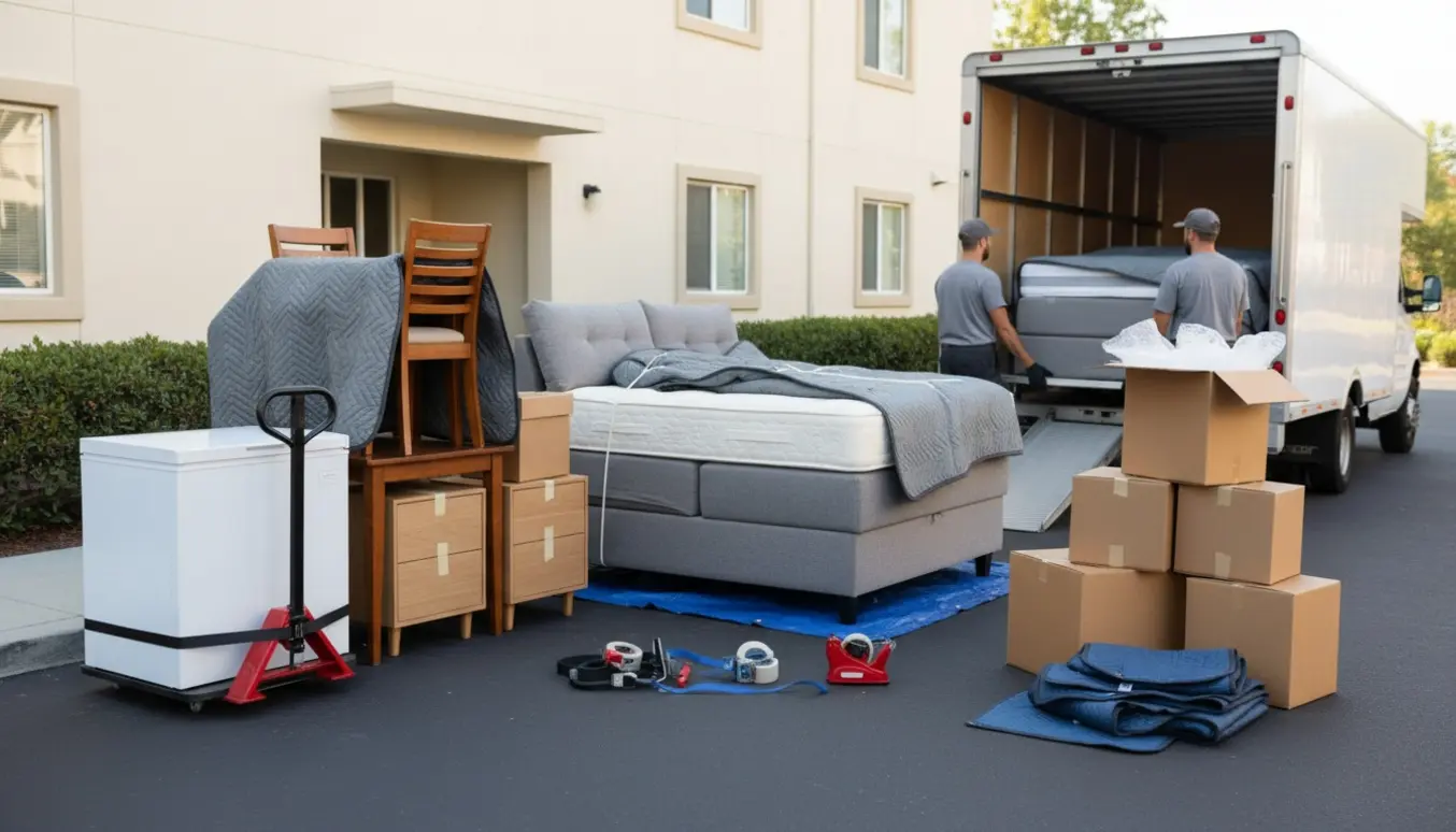 Åben flyttebil og lejlighed med skabsfryser, spisebord med 4 stole, to kommoder, dobbeltseng, adskilt stor sofa og cirka 10 umarkerede flyttekasser klar til flytning.