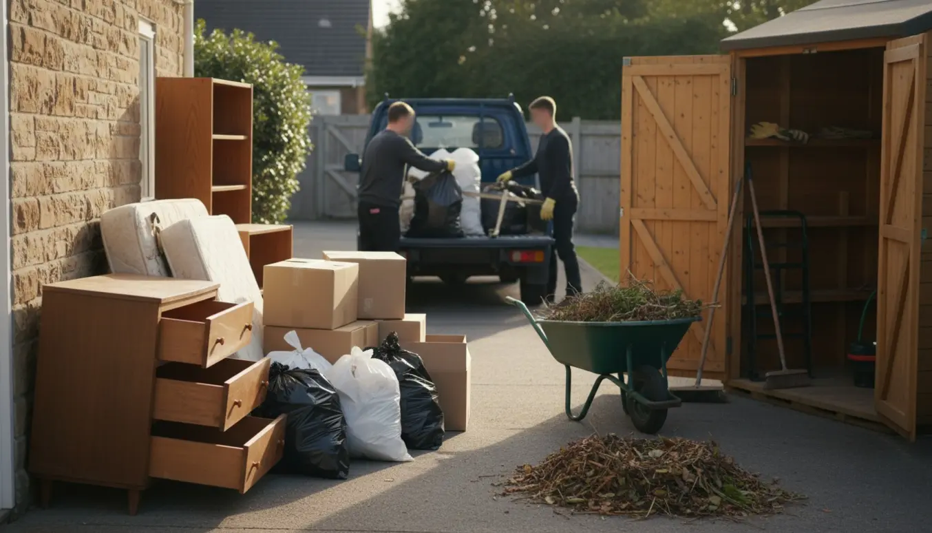 Blandet affald og gamle møbler samlet i indkørsel og udhus efter flytning, klar til afhentning.