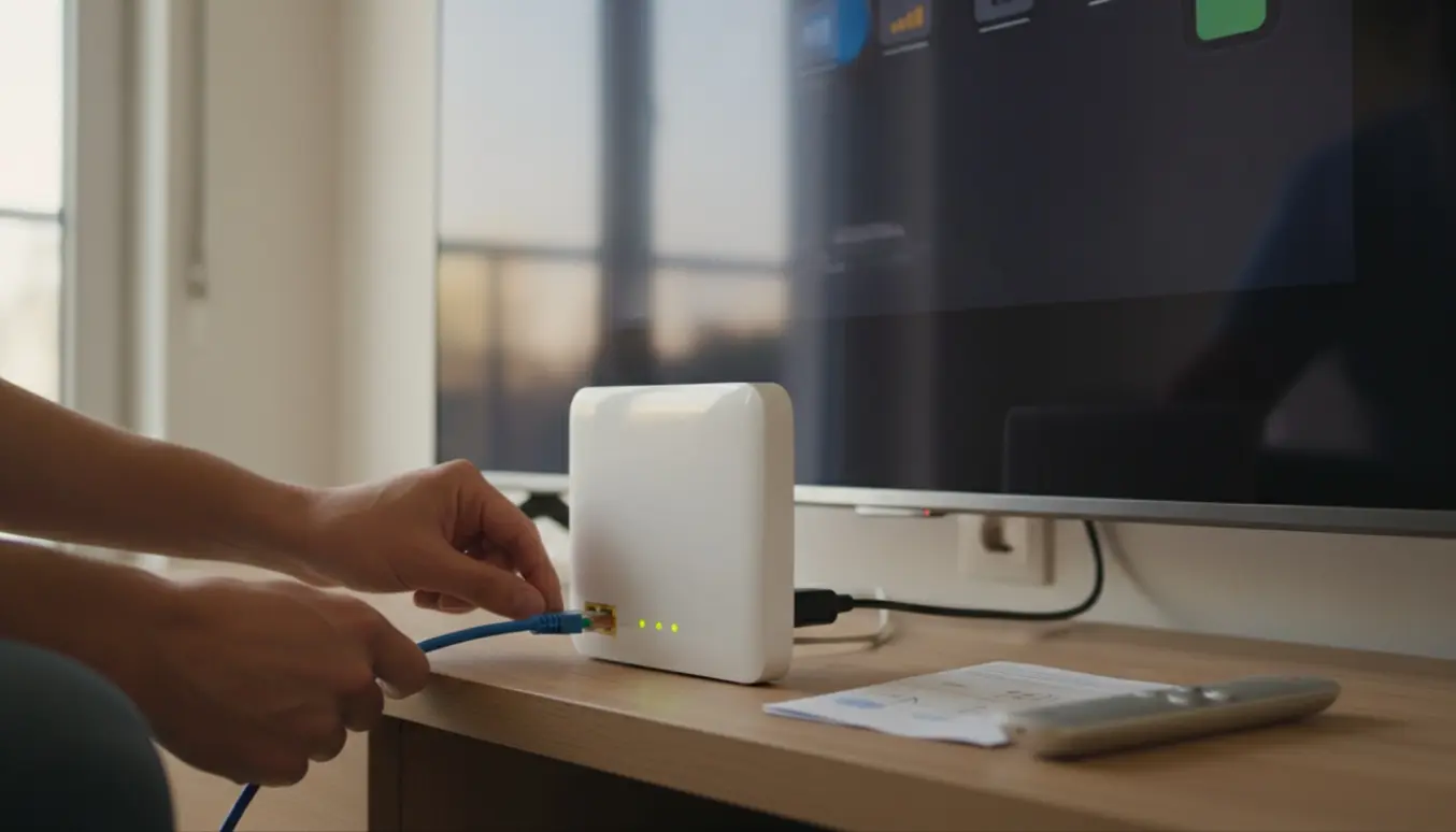Hænder forbinder en router til et TV med kabler i en lys og ryddelig stue.
