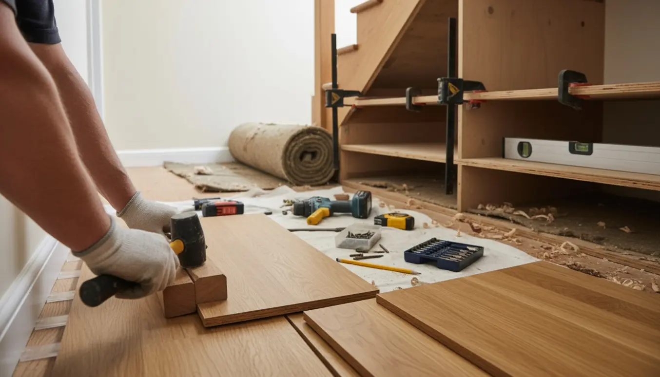 Nærbillede af lægning af klikgulv i en lille gang med hylder under trappen under opbygning.