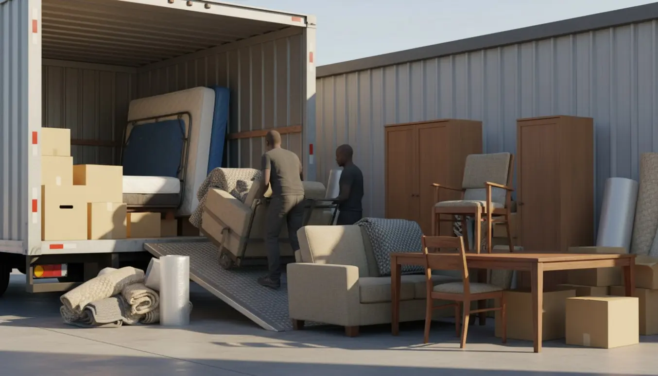 Møbler flyttes fra et opbevaringsrum til en flyttebil med sofa, tre lænestole, spisebord, skabe, seng og tæpper.