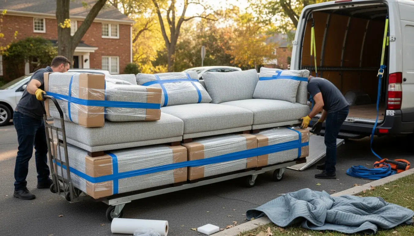 Modulsofa adskilt i sektioner læsses forsigtigt ind i en flyttebil med tæpper og stropper.