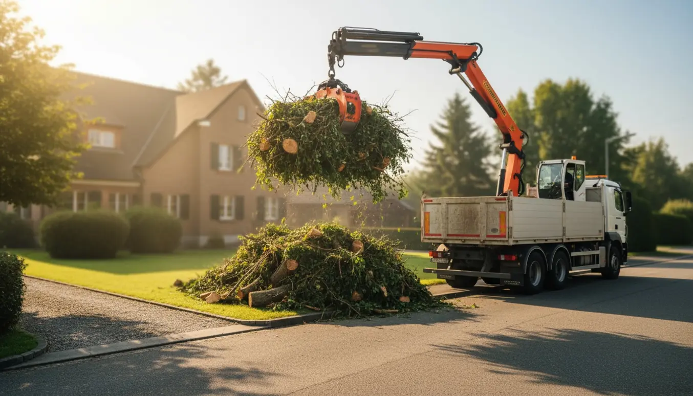En kran med grab løfter en bunke haveaffald fra en grund ved vejen.