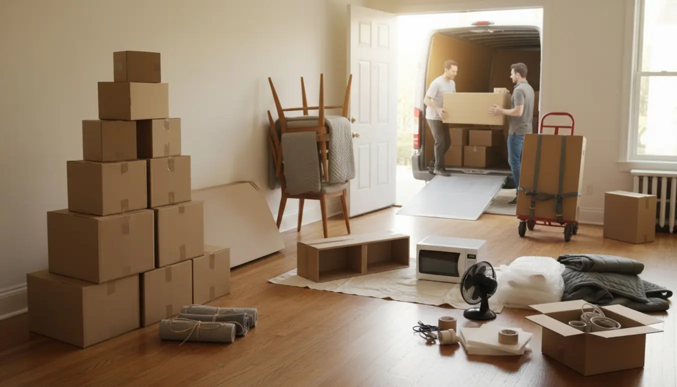 Stabel af flyttekasser og pakket møblement ved en åben flyttebil, klar til flytning.