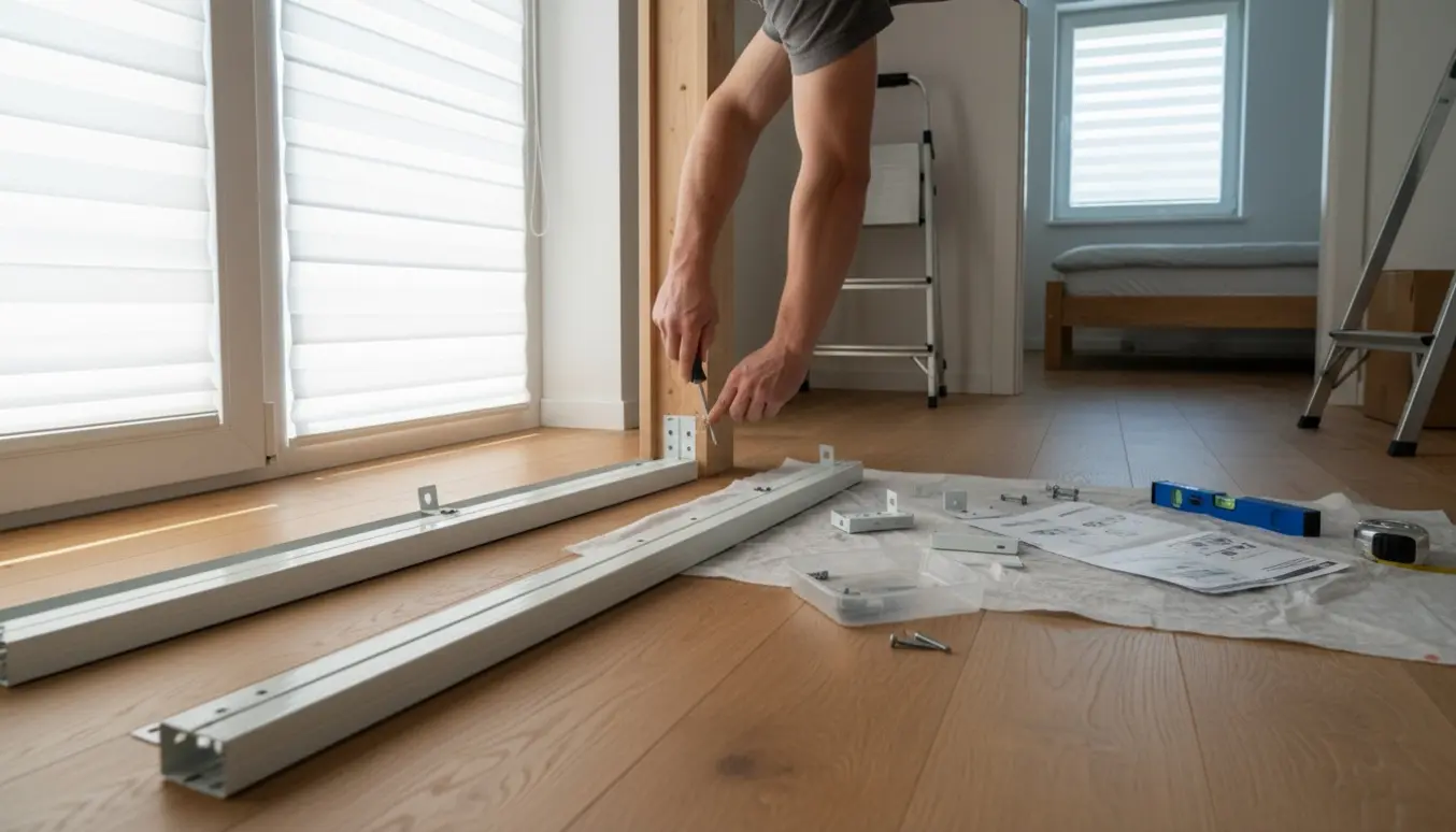 Hænder monterer nye persienner i en lys stue med terrassevinduer, soveværelse ses i baggrunden.
