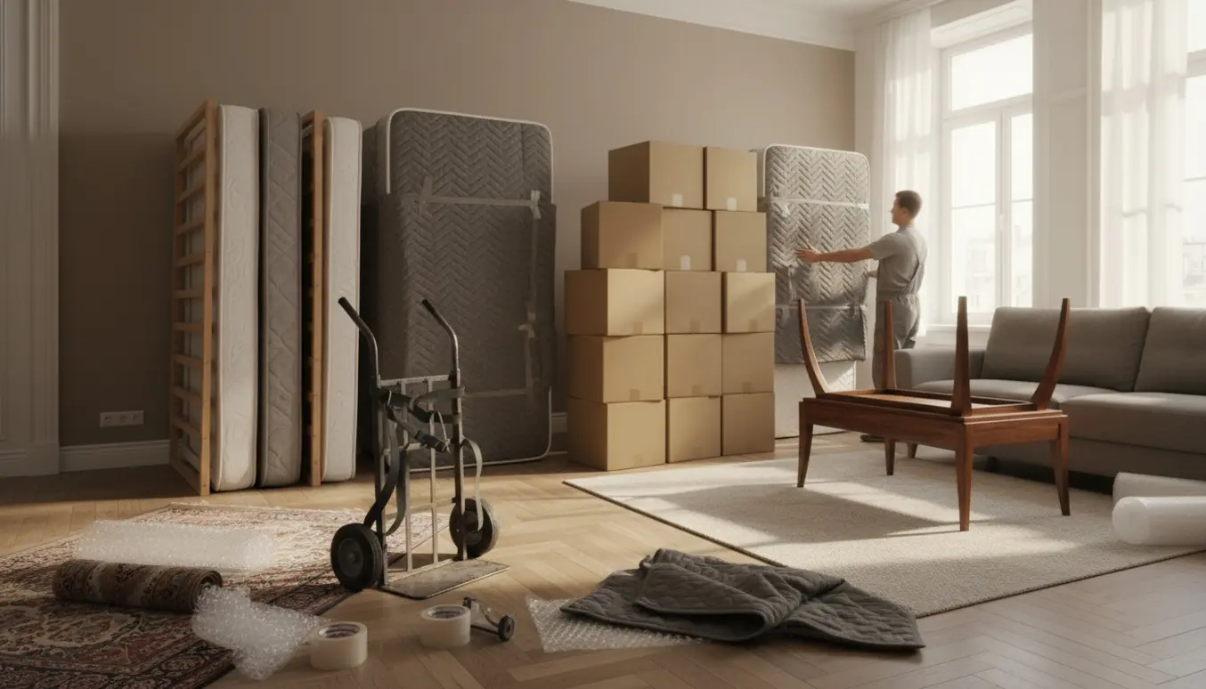 Lys stue med stablerede flyttekasser, indpakkede senge og skabe og flyttere set bagfra under en flytning.