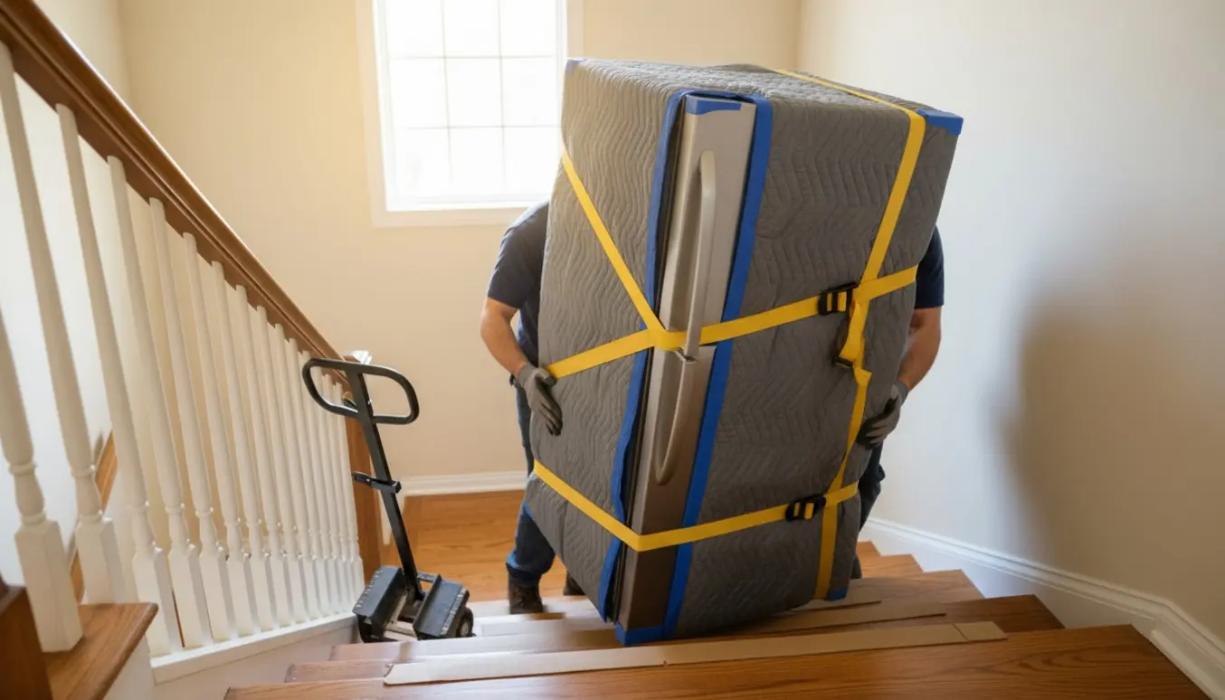 Et køleskab bæres ned ad en smal opgang af flyttemænd med flytteudstyr og beskyttelse.
